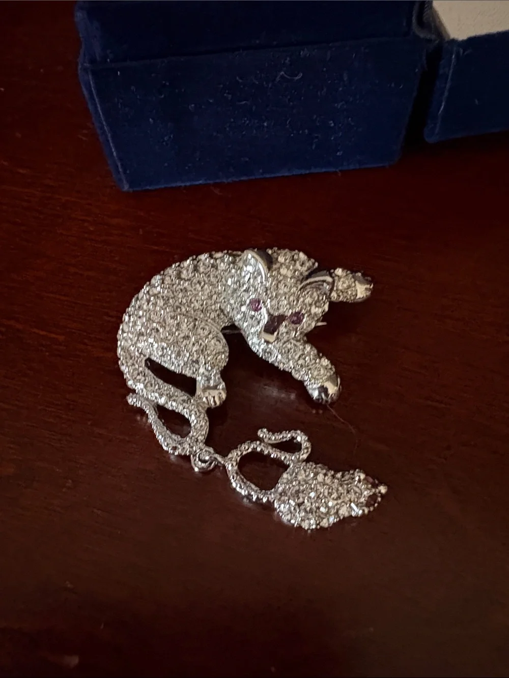 Silver Crystal Cat Brooch with Pink Accent Eyes - Jewelry Accessory